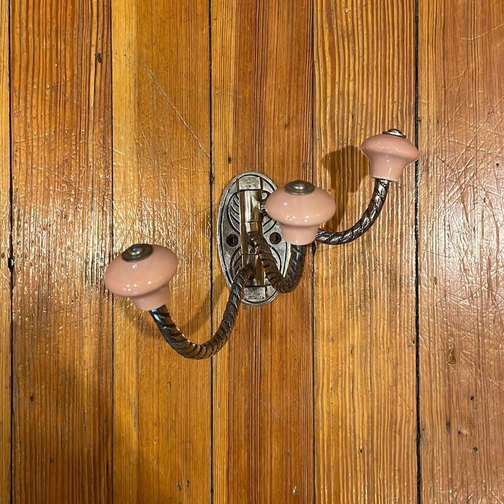 Anthropologie 3 pronged hook with pink knobs